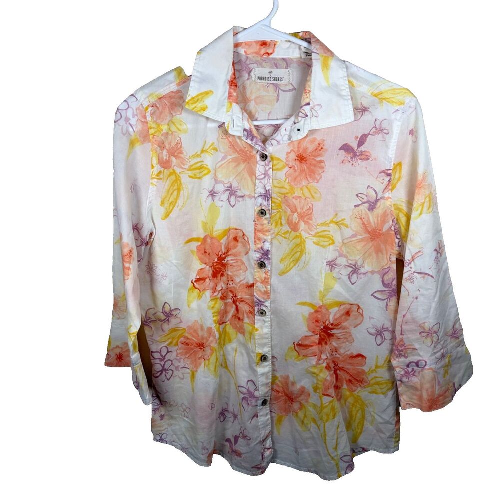 Paradise Shores Shirt Women's Medium Floral Button Up 3/4 Sleeve Collared